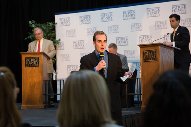 Patrick Henry College (PHC) Millienium Society President introduces Mark Krikorian and Alex Nowrasteh before their debate on immigration and national security at PHC