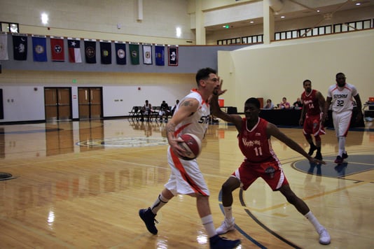 Virginia Storm forward Randy Gill faces an opponent from the DMV Warriors during a game at Patrick Henry College (PHC)