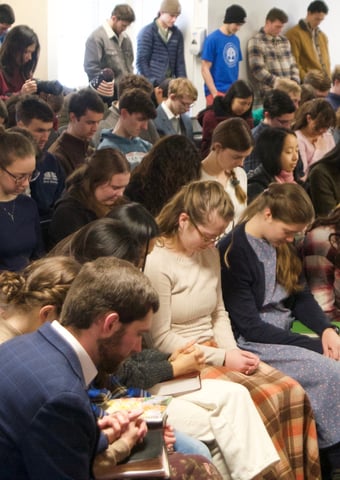 Patrick Henry College students pray during the 2026 winter storm.