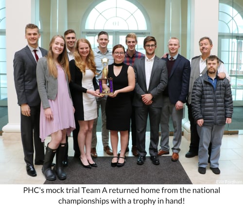 Patrick Henry College Mock trial team a nationals 2018 caption trophy